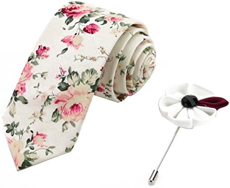 Men's Tie+Brooches Set Lapel Pin Cotton Floral Printed Necktie Ties for Men