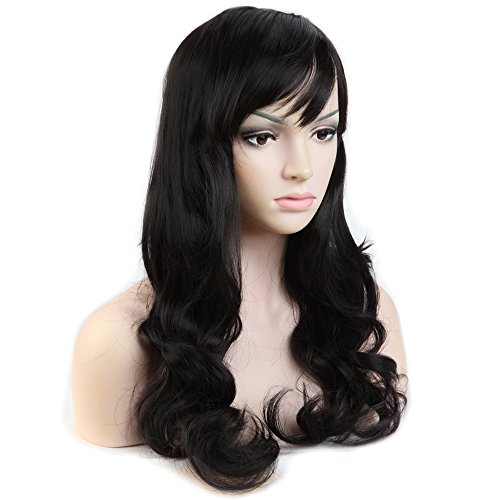 S-noilite Women Long Wavy Dark Black Full Wigs With Bangs Natural Curly Daily Cosplay Party Costume Heat Resistant Synthetic Hair Wig 19inch - Thumbnail 2