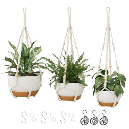 Bamworld Set of 3 Macrame Hanging Planters with Self-Watering, Plant Pot Holder and Balcony Planters 28/23/20 cm with Chains, White