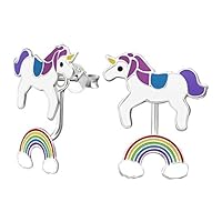 Best Wing Jewelry .925 Sterling Silver"Unicorn and Rainbow" Front and Back Stud Earrings for Children and Teens