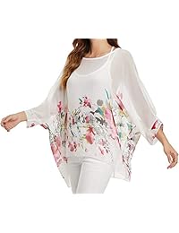 Qunsia Blusa de gasa para dama con mangas de murciélago floral, playera suelta