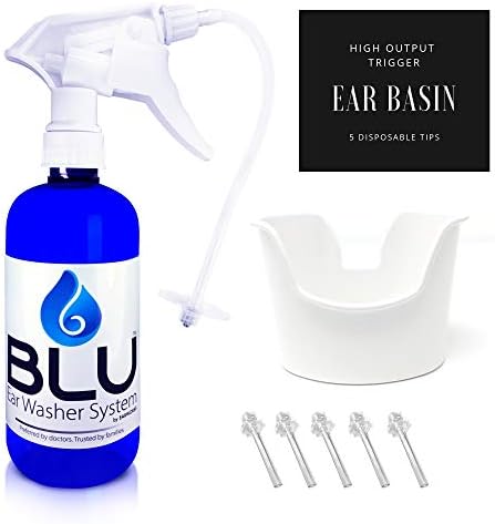 BLU Ear Washer Bottle System, Earwax Remover with Ear Basin, 20 Disposable Tips, Ear Cleaner Cool Blue 16 Ounce Bottle,  Earwax Cleaner With Easy To Use Illustrated Manual