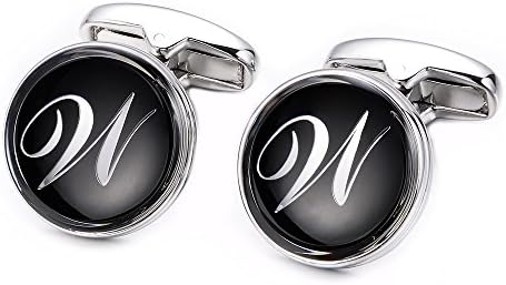 MERIT OCEANInitial Cuff Links Mens Silver Round Letter Alphabet Rhodium Plated Cufflinks for Men Suit Shirt Wedding Business A-Z