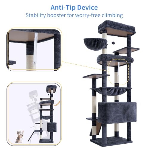 Heybly Tall Cat Tree for Large Cat, 80-inch Multi-Level Cat Tower for Indoor Cats with Large Baseboard, Condo Furniture with 2 Widened Plush Perches,Scratching Board and Big Caves, Smoky Gray HCT038G