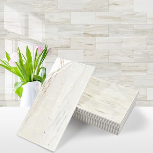 Vamos Tile 100-Piece Glossy Wooden White Peel and Stick Backsplash Tile,3''x6'' PVC Subway Tile with White Grout, Stick on Backsplash for Kitchen/Bathroom/Fireplace