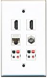 RiteAV - 2 HDMI 1 Port Coax Cable TV- F-Type 1 Port Cat5e Ethernet White 2 Port Speaker Wall Plate