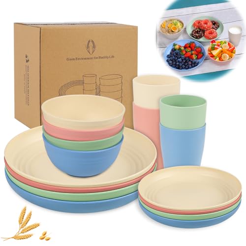 Kit 16 Conjunto de Louça de Palha de Trigo, Conjuntos de Pratos e Tigelas de Plástico Inquebráveis, Conjunto de Louça Inquebrável para 4, Pratos de Jantar Reutilizáveis e Seguros