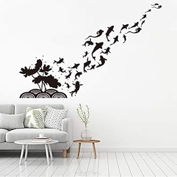 VODOE koi Wall Decal, Fish Wall Decals, carp Ocean Lotus Pond Lotus Fish Group Travels Forward Suitable for Family Living Room Bedroom Office Vinyl Art Wall Decor Black