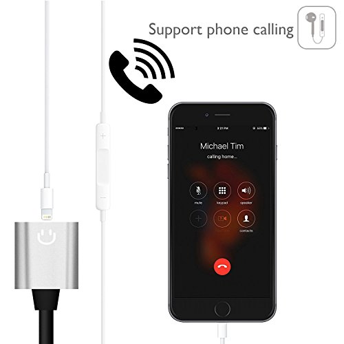 DISDIM 2 in 1 Aluminum Dual Lightning Charging Adapter & Female Headphone Jack Aux Audio Splitter Cable for iPhone X / 8 / 8 Plus /7 /7 Plus,iOS 11 with Calling Function and Music Control (Silver)