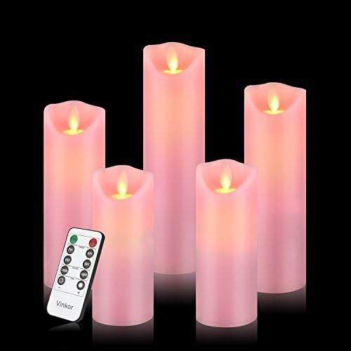 Vinkor Flameless Candles Flickering Battery Operated Candles 4" 5" 6" 7" 8" Set of 5 Classic Real Wax Pillar With Moving LED Flame &amp; 10-key Remote Control 2/4/6/ 8 Hours Timer 400+ Hours(Pink)