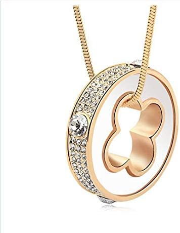 Sharefashion Lucky Clover Circle Shape Hypoallergenic Sweet Boutique Gold Plated Crystal Pendant Sweater Necklace - Gifts for Girlfriend Birthday