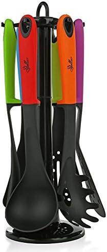STELLAR 6 Piece Kitchen Cooking Utensil Set with Stand. Nonstick Cookware Gadgets: Slotted Spoon, Serving Spoon, Skimmer, Turner, Slotted Turner &amp; Soup Ladle. Premium Kitchen Supplies with Holder.