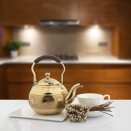 OMGard Gold Tea Pot with Infuser Loose Tea Leaf Filter 2 Liter Stainless Steel Teapot Coffee Water Small Kettle Strainer Set Warmer Teakettle for Stovetop Induction Stove Top 2.1 Quart / 68 Ounce