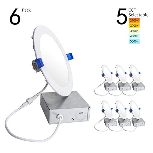 Foxlux Recessed Lighting – 6 inch 12 W LED Recessed Ceiling Light, Ultra-Thin Dimmable Downlight with J-Box, 2700K/3000K/3500K/4000K/5000K 5 Color Temperatures Selectable Canless LED Light (6 Pack)