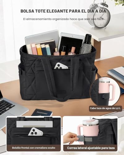RAINSMORE Padded Tote Bag for Women, Lightweight and Spacious for College Work Travel, Puffer Large Shopper Bags with Laptop Compartments 15.6 Inch