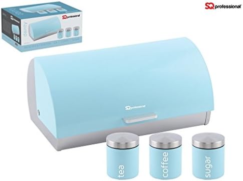 Roll Top Bread Bin with Coffee Tea and Sugar Canisters Set Stainless Steel Light Blue