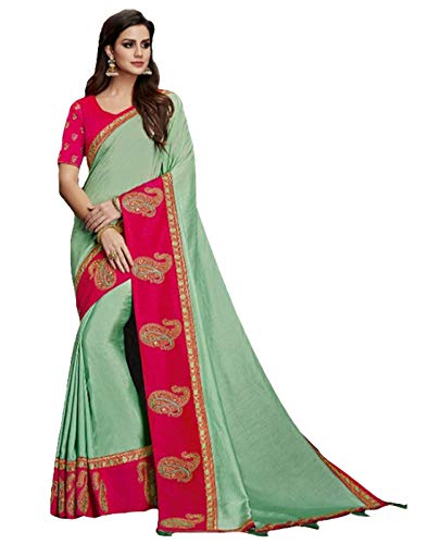 DesiButik's Party Wear Ravishing Green And Pink Satin Silk Saree - Thumbnail 3