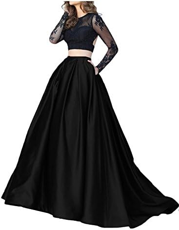 Trumpet V-Back Long Sleeves Black Lace Two-Piece Homecoming Gowns