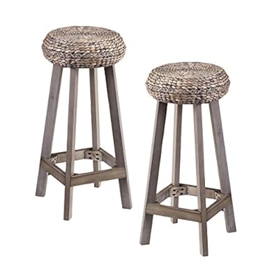 Two 30" Barstools - Round Woven Fiber Seat - Weathered Gray Wood Frame, Grey 41zpqW2SWzL