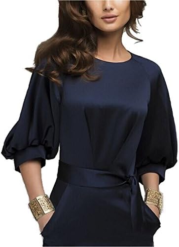 Superhouse Womens Lantern Sleeve Navy Blue Wear to Work with Belt Dress Plus-Size
