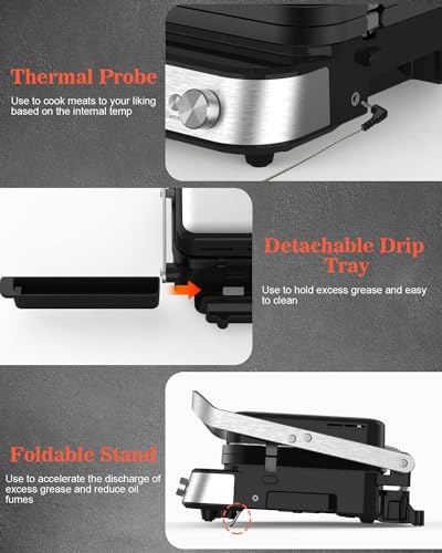 Dxmocos 5 in 1 Indoor Grill, Electric Contact Grill and Griddle, Panini Press Grill Sandwich Maker with Meat Thermometer, LCD Display, Stainless Steel, Healthy Ceramic Nonstick, 2000W