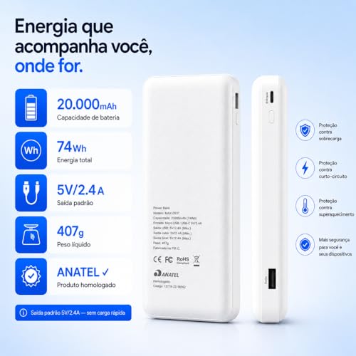 Power Bank Carregador Portátil Universal 20000mAh com Cabos Integrados USB-A, USB-C (Type-C), Micro-USB e USB-Light Carregamento Rápido Bateria Externa Compacta para Celular Android iOS (branco)