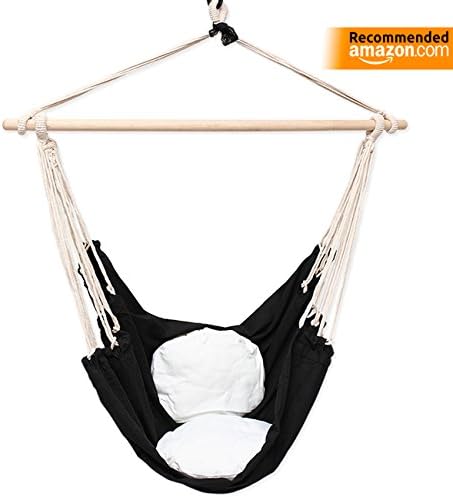 Celler Premium HANGING ROPE HAMMOCK CHAIR SWING SEAT suitable for both indoor and outdoor use, Black with two round and comfortable cushions in white or gray color (SAFETY HITCH INCLUDED) (White)