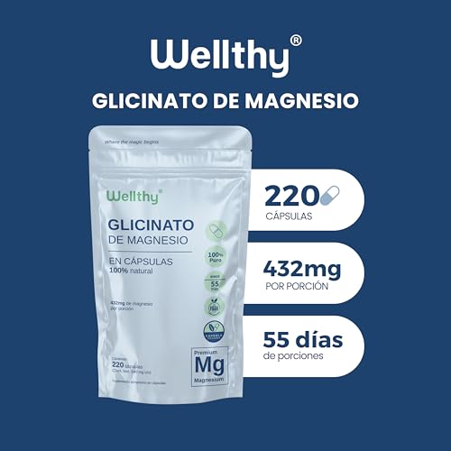 Wellthy Glicinato de Magnesio 220 Cápsulas 432mg. 100% Natural, Alta Absorción, Cápsulas Veganas, Bottle Free.