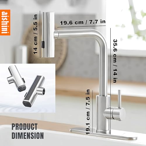 Aishini® Waterfall Kitchen Faucet, (SSV5) صنابير خلاط المطبخ with Pull Out Sprayer, 3 Spray Modes, Stainless Steel 304, High Pressure 360° Swivel Kitchen Sink Mixer, High Arc Single Hole Sink Tap