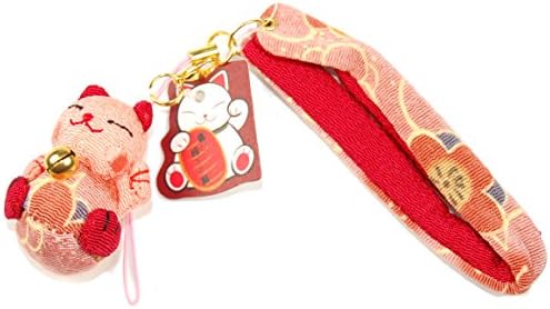 Speedy Sale! Light Pink Kitty : Chirimen Maneki Neko Lucky Cat Bag Charm Phone Strap, 6” (150mm)