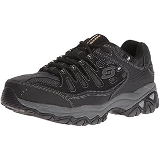 Skechers Men's Afterburn Memory-Foam Lace-up Sneaker in black with gray accents, side view showing lace-up design, mesh panels, and rugged outsole