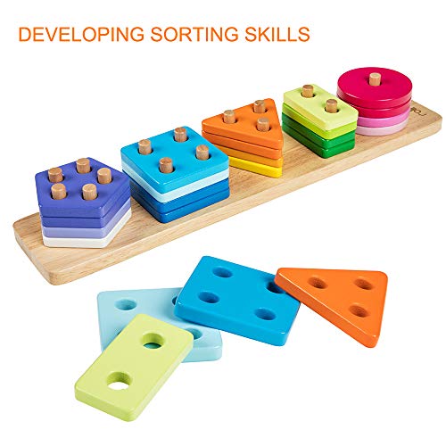 rolimate Wooden Educational Shape Color Recognition Geometric Board Block Stack Sort Chunky Puzzle Toys, Birthday Gift Toy for Age 3 4 5 Years Old and Up Kid Children Baby Toddler Boy Girl (ZY-201)