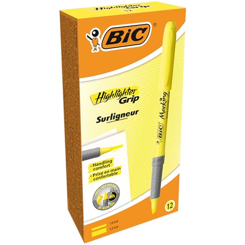 BIC Highlighter Grip Penne Evidenziatore Gialle, Tecnologia Anti-Essiccazione e Punta a Scalpello per Tratti Spessi e Sottili, Confezione Da 12