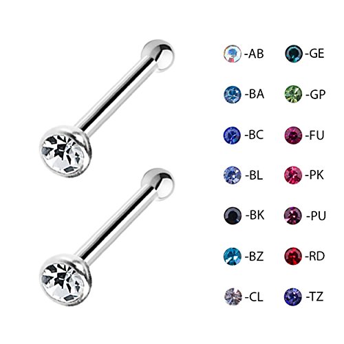 Pair of Steel Crystal CZ Gem Nose Bone Stud Ring Body Piercing 18 Gauge