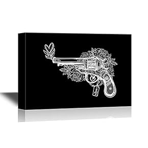 Canvas Wall Art - White Silhouette of Gun on Black Background - Gallery Wrap Modern Home Art | Ready to Hang - 12x18 inches
