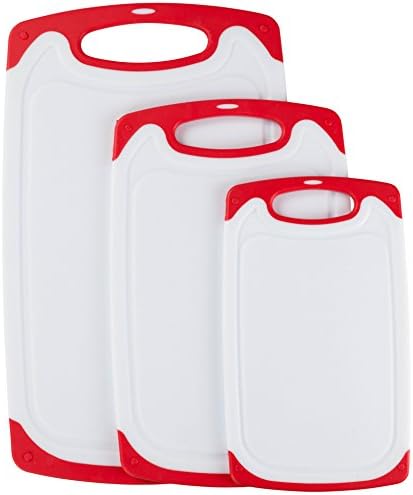 Premium Plastic Cutting Board Set By Wahilulu - 3 pc Non-Slip Kitchen Essential Chopping Board Kit - Dishwasher Safe - Non-Slip Rubber Ends & Handles - Anti-Drip Juice Groove Lip (Large, Red)