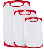 Premium Plastic Cutting Board Set By Wahilulu - 3 pc Non-Slip Kitchen Essential Chopping Board Kit - Dishwasher Safe - Non-Slip Rubber Ends & Handles - Anti-Drip Juice Groove Lip (Large, Red)