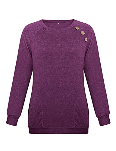Womens Button Long Sleeve Tops Casual Blouses T-Shirt Round Neck Pockets Top WineRed M - Thumbnail 5