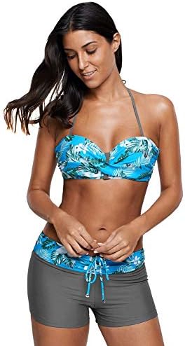 NBE Women in light blue to print Twist Front Bikini and swimwear Boardshort swimsuit halter low size