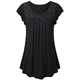 TWGONE Tunics For Women To Wear With Leggings Short Sleeve Ladies Solid Lace Patchwork Ruched Blouse Tops Shirt (X-Large,Black)