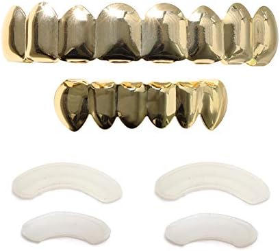 TSANLY 24K Plated Gold Grillz 8 Teeth Mouth Top & Bottom Set Hip Hop Bling Grills for Men + Microfiber Cloth