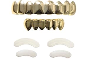TSANLY 24K Plated Gold Grillz 8 Teeth Mouth Top & Bottom Set Hip Hop Bling Grills for Men + Microfiber Cloth