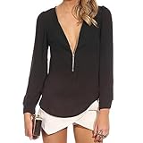 Amybria Women Blouses Fall V Neck Zipper Casual Shirts Chiffon Tops