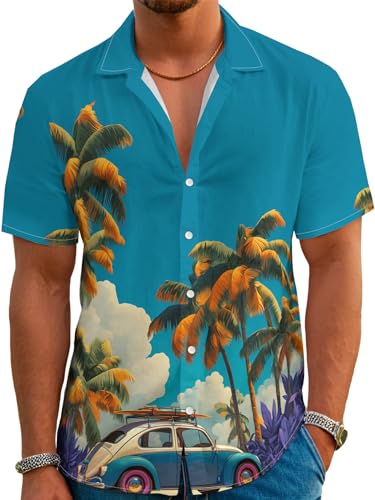 Pyconvia Men's Hawaiian Holiday Shirt Retro Beach Car and Palm Tree Print Casual Button Short Sleeve Hawaiian Beach Shirt Fun Hawaiian Shirt Unisex at Amazon