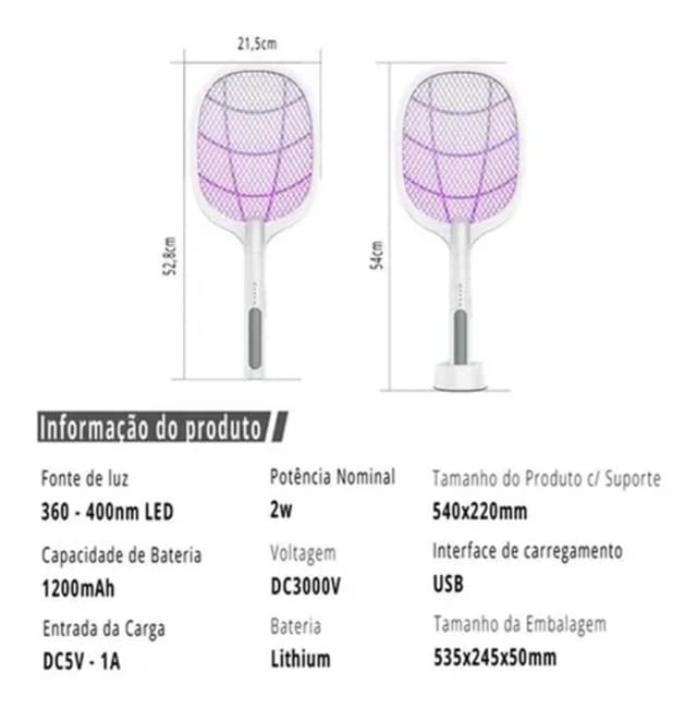 Raquete Elétrica Recarregável Bivolt Mata Pernilongos Moscas CM21