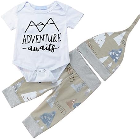 Usaboutall Mountain Letters Printed Romper Pants Hat Toddler Baby Boys Girls Outfit Set Size 0-6 Months