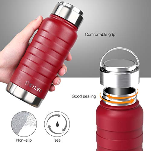 REYLEO Vacuum Insulated Water Bottle with Straw Lid- 18 Oz,Red,2 Lids BPA-Free, 18/8 Stainless Steel Thermal Sports Water Bottle, Keep Cold 24 Hours& Hot 8 Hours