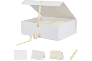 BoxSkivra Large White Gift Box with Ribbon 1 Pack 16.5X13X5.3 Inch Extra Large Gift Box with Lid Magnetic Closure Rectangle Collapsible Luxury Gift Box for Wedding Dress、Shredded Paper Filler & Card