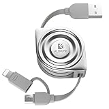 Retractable Lightning Cable, FLOVEME 2 in 1 Extension 3.3ft Flexible Charging Data Sync Micro USB Charger Cord for iPad iPhone X XS MAX XR 8 7 6 6s Plus Samsung S6 S7 Edge Note 2 3 4 5 LG HTC, Silver
