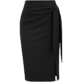 Kate Kasin Women's Skirt Elastic High Waist Bow Tie Knee Length Stretch Bodycon Pencil Skirts with Slit